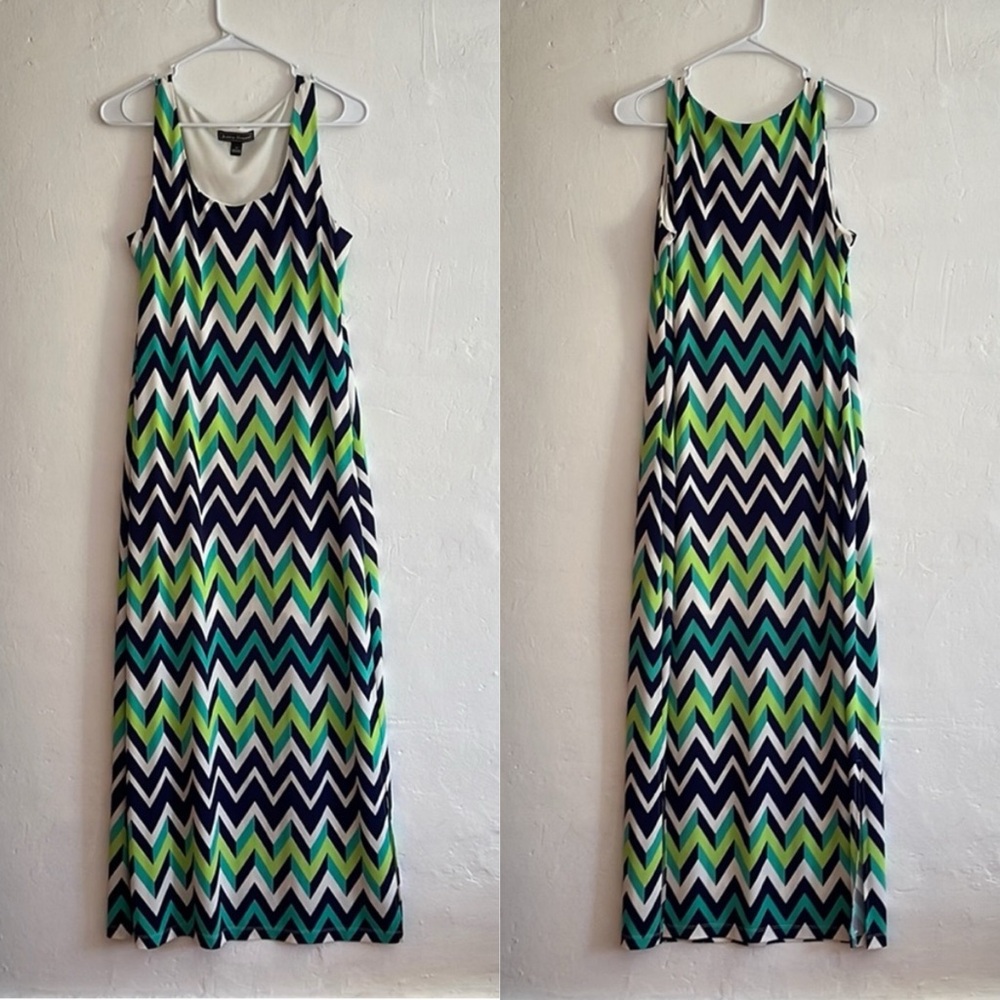 VTG Mod Chevron Print Maxi Dress Blue Green Sz M Op Art